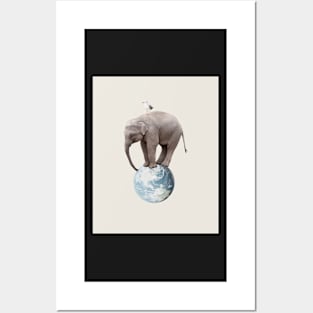 Elephant and gull on Earth planet Posters and Art